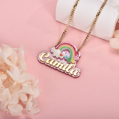 Colorful Acrylic Rainbow Pendant Personalized Gold Plated Name Necklace-silviax