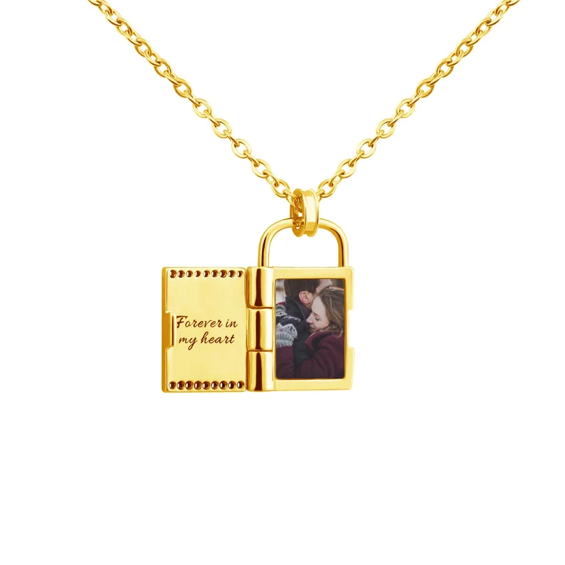 Personalized Custom Gold Plated Heart Photo Book Engraved Necklace Open Locket