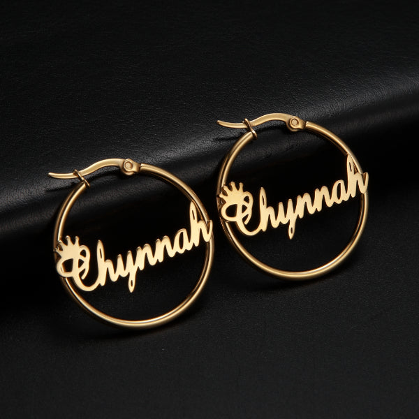 Gold Plated Crown Hoop Personalized Name Earrings-silviax