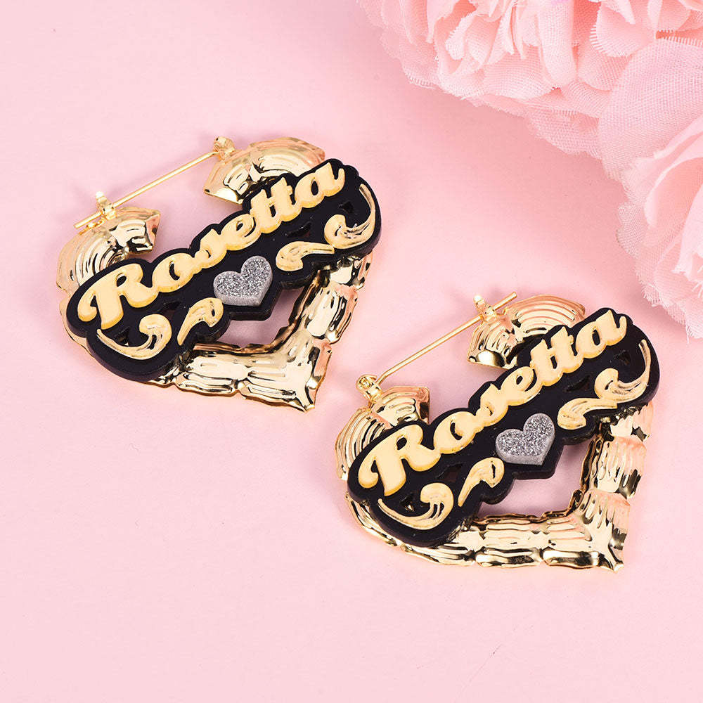 Heart Shaped Two Tone Acrylic Earrings with Heart Personalized Custom Bamboo Name Earrings-silviax
