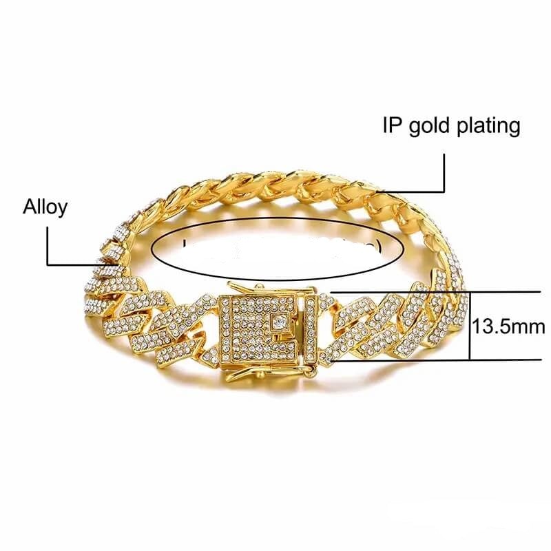 13.5mm Cuban Chain 2 Row Iced Out Bling Rhinestone Zircon Paved Gold Plated Bracelet-silviax
