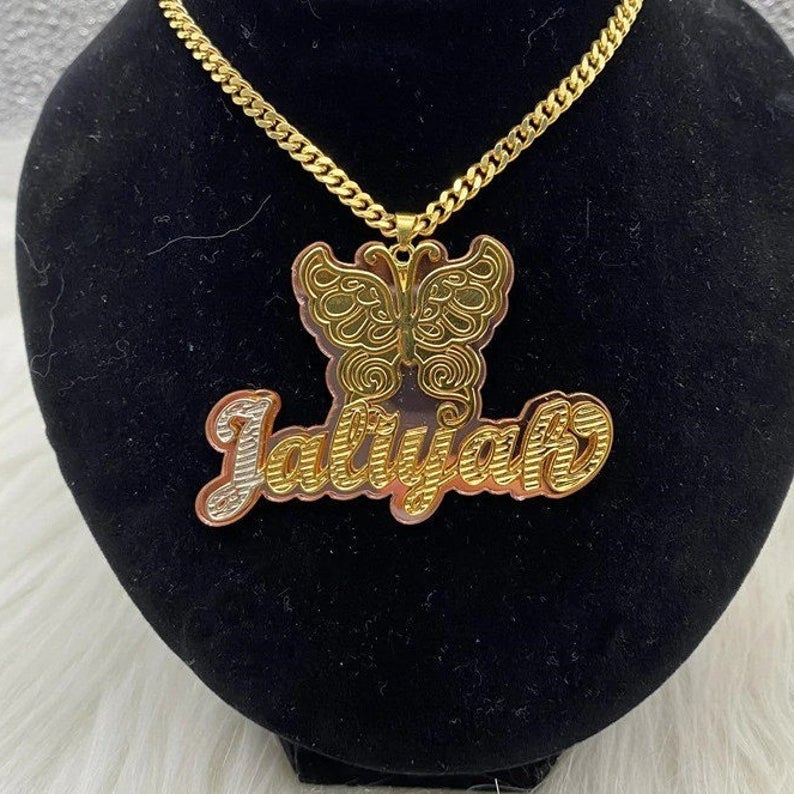 Double Plate Acrylic Two Tone Gold-plated Butterfly Personalized Custom Name Necklace-silviax