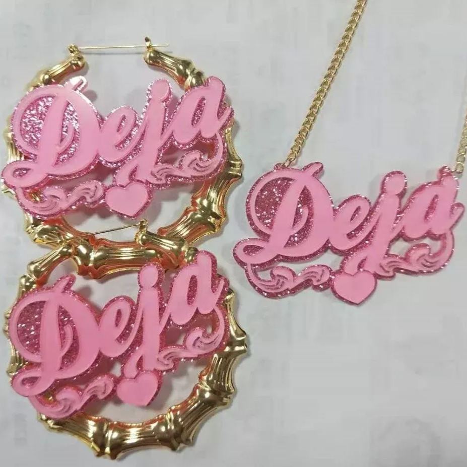 Pink Color Acrylic Jewelry Set Personalized Custom Name Necklace Bamboo Hoop Earrings Set