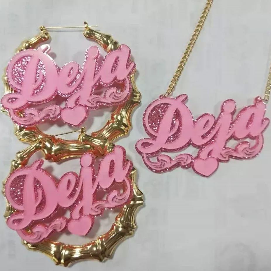 Personalized Pink Acrylic Heart Name Necklace Bamboo Hoop Earrings Set-silviax