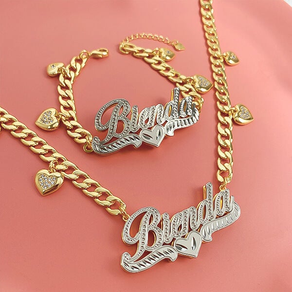 Double Layer Two Tone Heart Nameplate Cuban Chain With Heart Personalized Custom Gold Plated Name Necklace And Bracelet Set-silviax