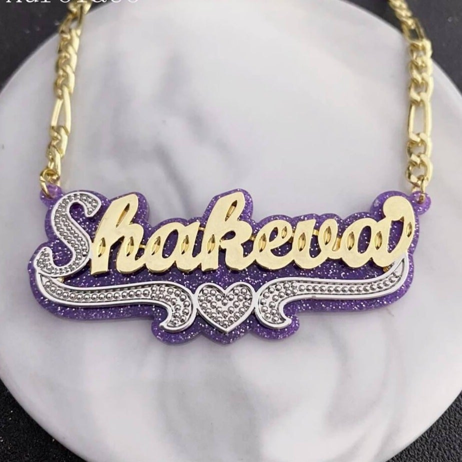 Double Layer Purple Acrylic Two Tone Heart Personalized Custom Gold Plated Name Necklace-silviax
