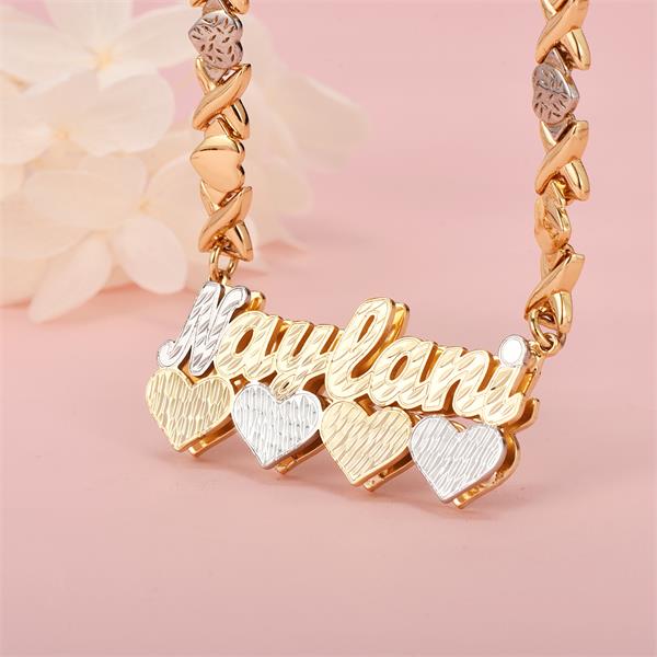 Double Layer Two Tone Four Hearts Nameplate XOXO Chain Personalized Custom Gold Plated Name Necklace-silviax