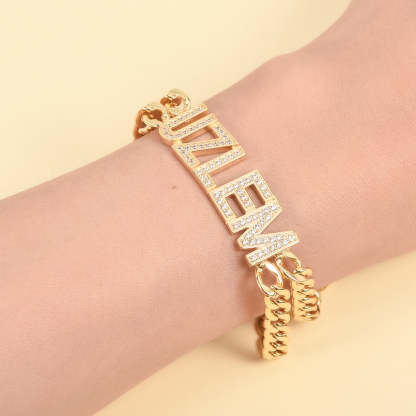 Double Chain with Rhinestones Gold Plated Personalized Custom Name Bracelet-silviax