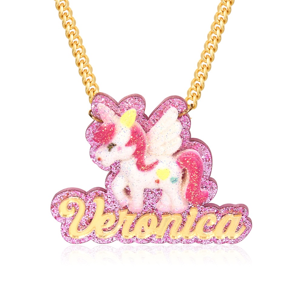 Personalized Cute 3D Unicorn Pink Acrylic Name Necklace