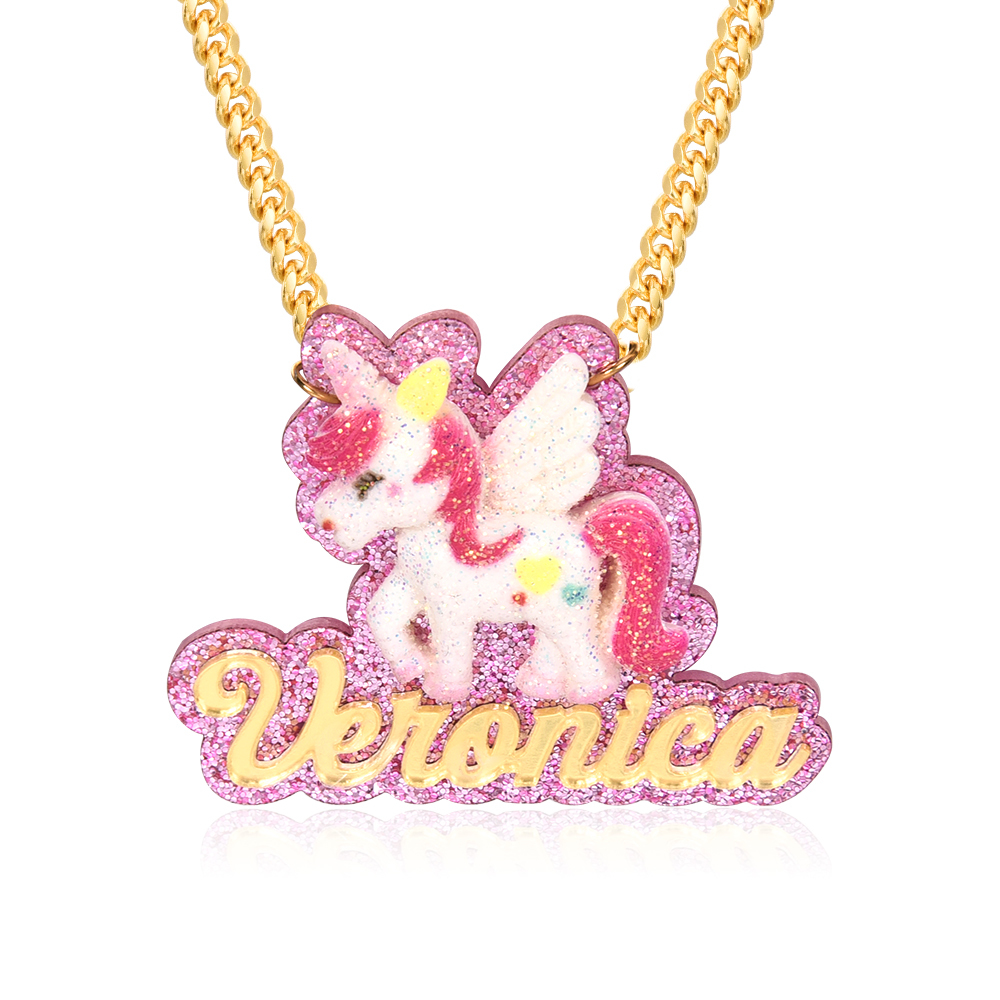 Cute Unicorn Personalized Pink Acrylic Name Necklace for Kids-silviax