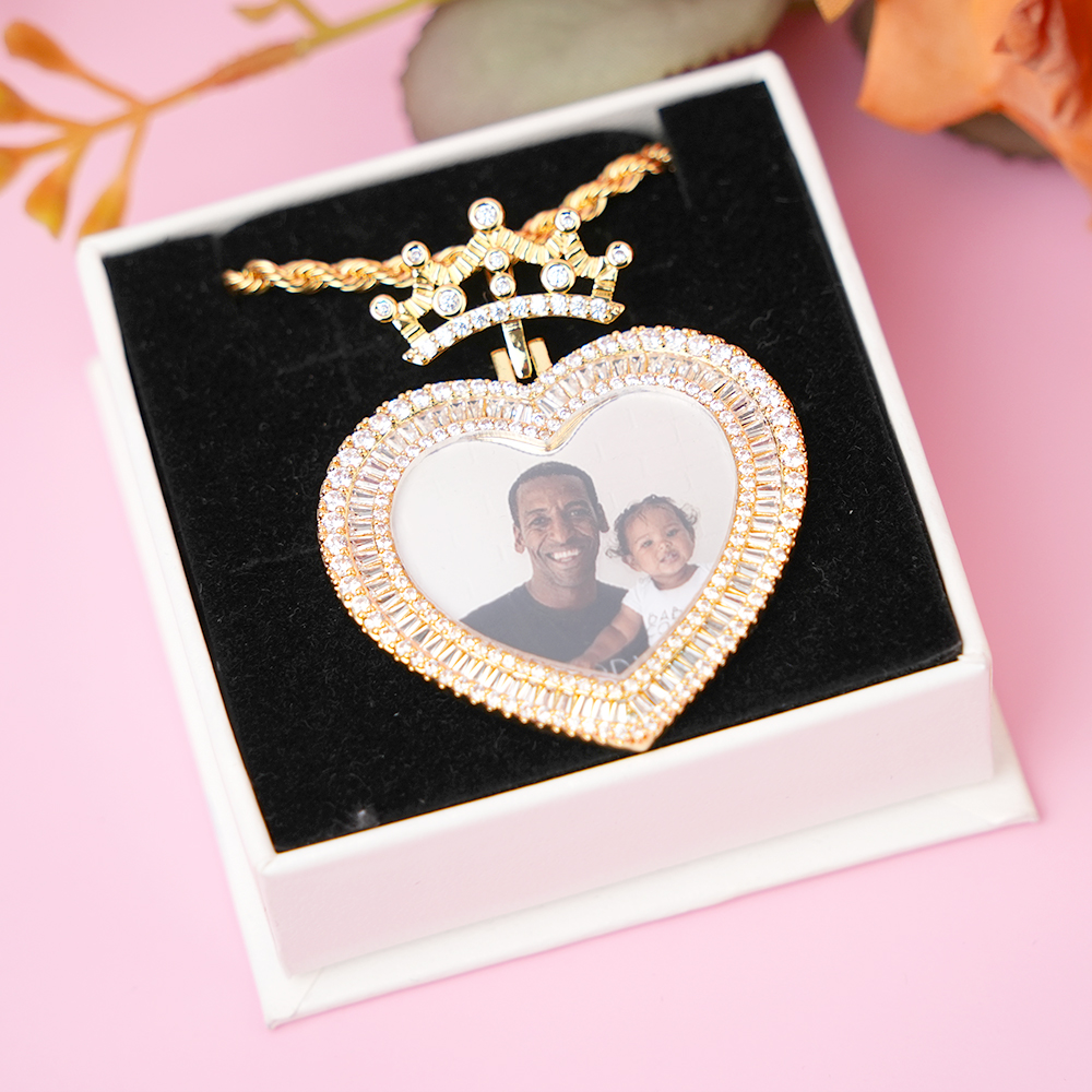 Princess Photo Chain Personalized Crown Heart Photo Pendant Necklace with Zircon-silviax
