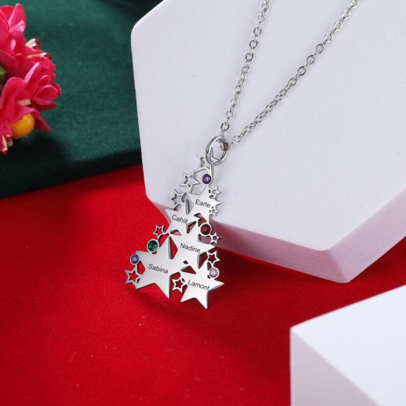  5 Names Stars Christmas Tree Nameplate with Birthstone Personalized Custom Name Necklace