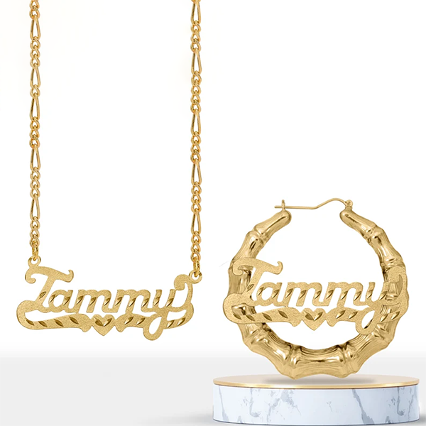 Personalized Diamond Cut Name Necklace with Heart And Nameplate Bamboo Earrings Set-silviax