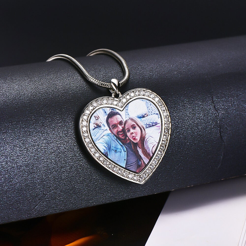 Inlaid Zircon Photo White Gold Heart Pendant Personalized Custom Photo Necklace-silviax