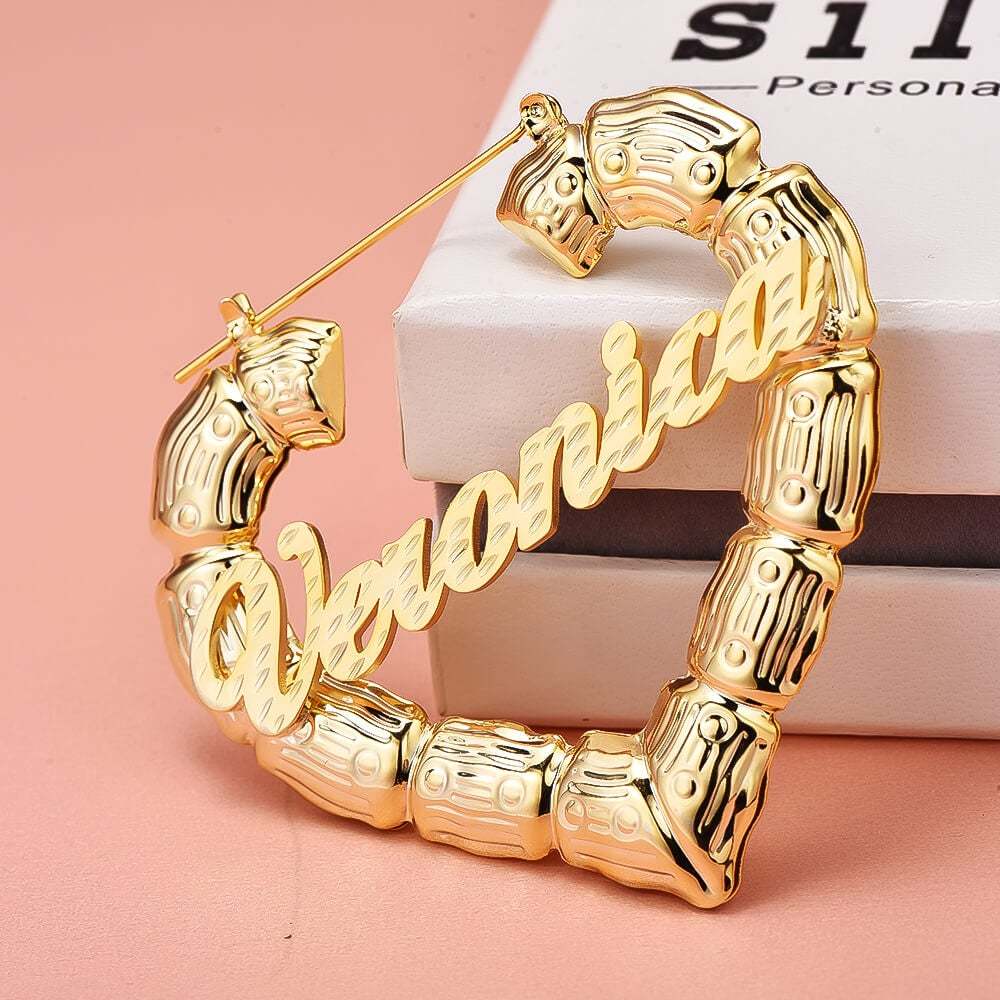 Heart Bamboo Gold Plated Personalized Custom Name Bamboo Earrings-silviax