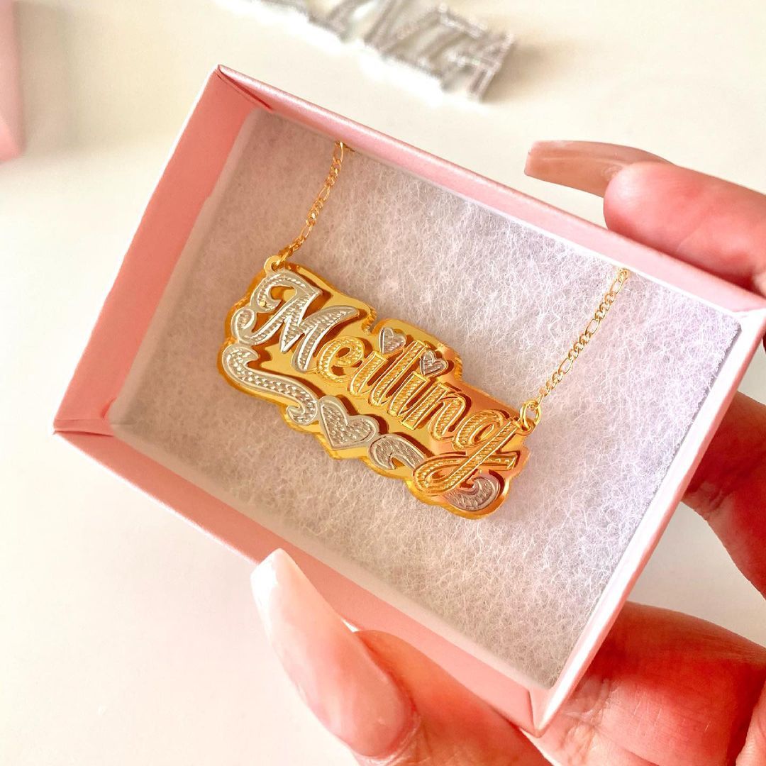 Two Tone Double Layer Gold Plated Personalized Custom Heart Nameplate Necklace-silviax