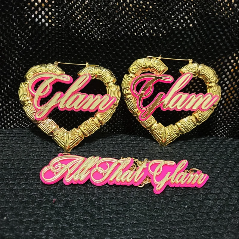 Pink Acrylic Nameplate Custom Heart Shaped Bamboo Earrings & Necklace Set-silviax
