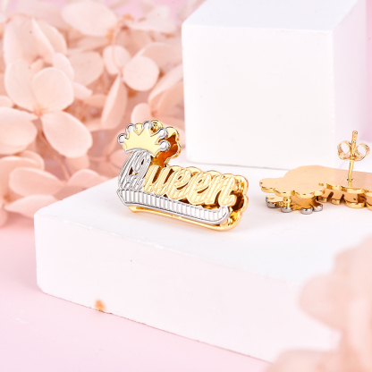Double Plate Two Tone with Crown Nameplate Personalized Custom Name Stud Earrings-silviax