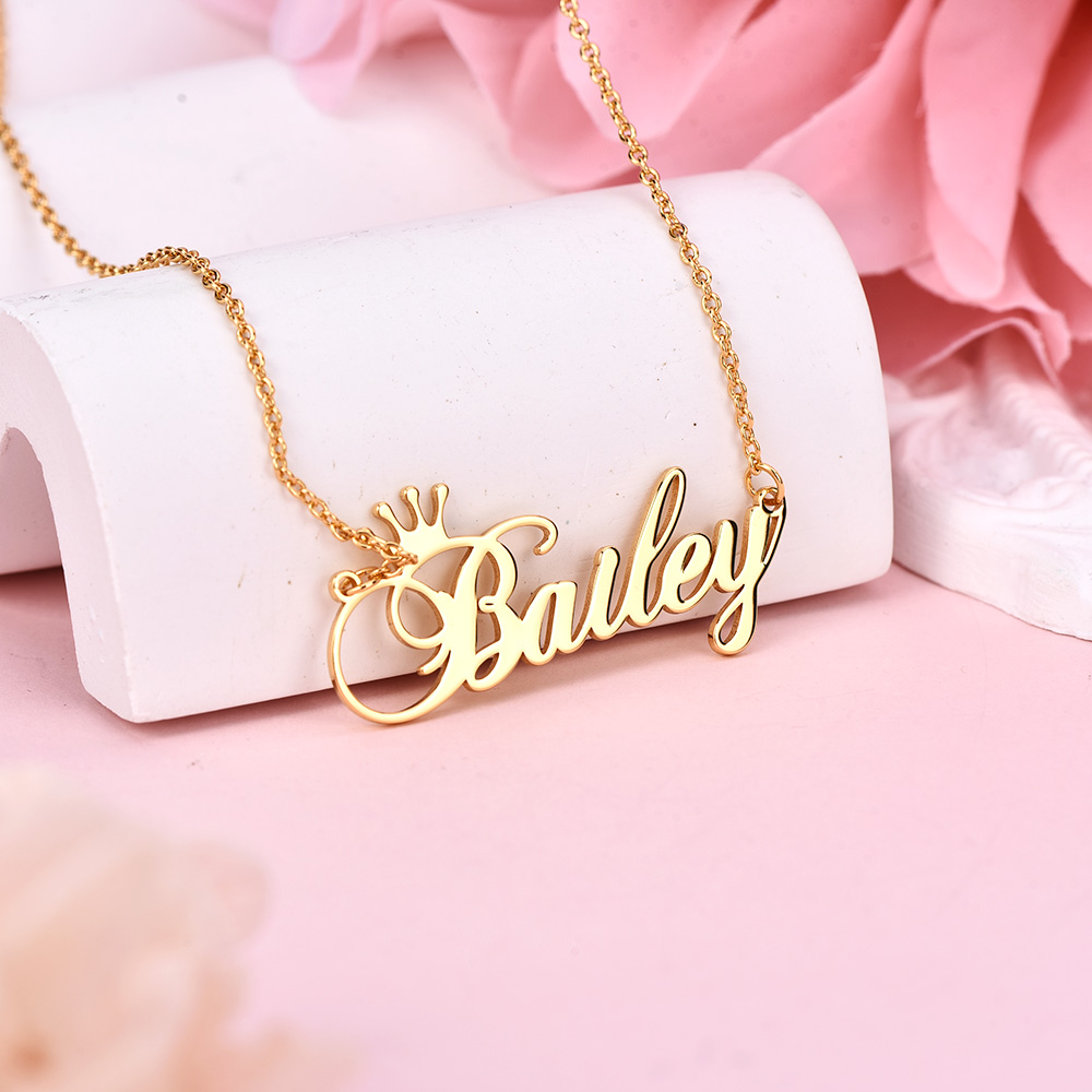Crown Engraved Personalized Custom Gold Plated Name Necklace