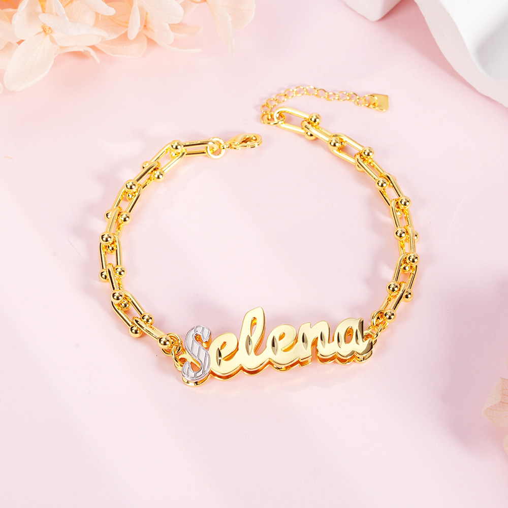 U Type Chain Two Tone Nameplate Personalized Custom Name Bracelet-silviax