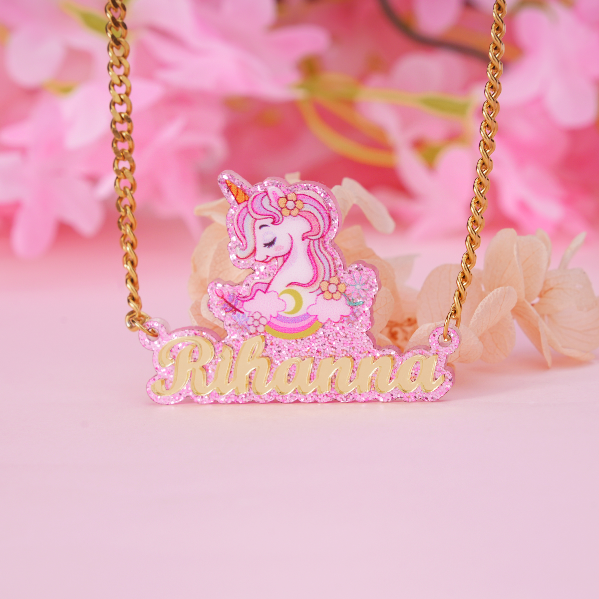 Unicorn Cute Nameplate Cuban Chain Personalized Custom Name Necklace 