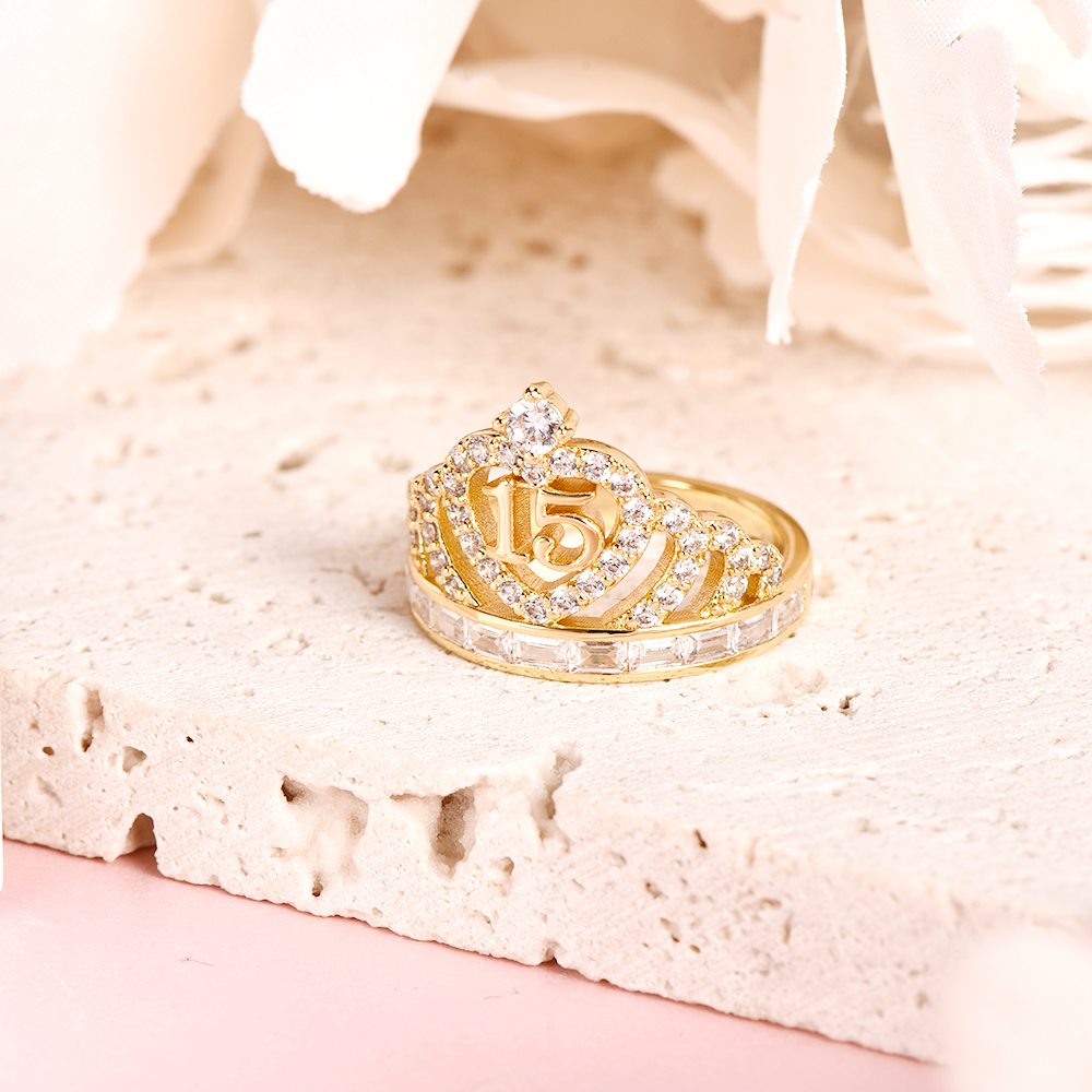 Personalized Gold Plated Crown Age Number Ring Quinceanera Gift-silviax