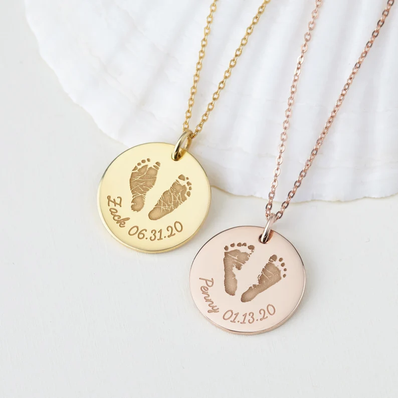 Baby Footprint Custom Engraved Name and Date Necklace New Mum Gift