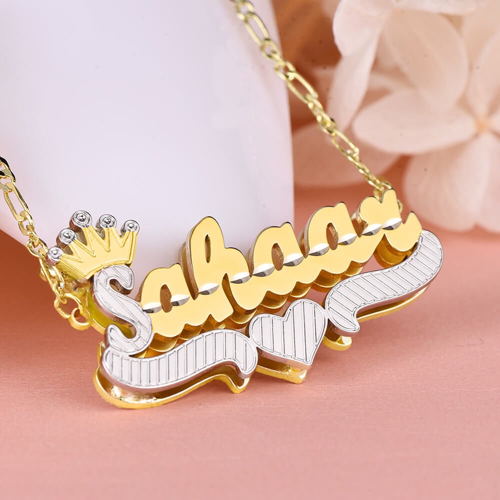 Double Layer Two Tone Initial Necklace And Crown Heart Name Necklace Personalized Custom Gold Plated Set-silviax