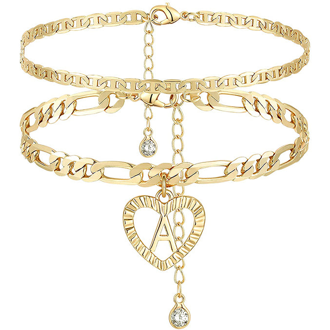 Personalized Layered Heart Initial Anklets with Link Chain-silviax