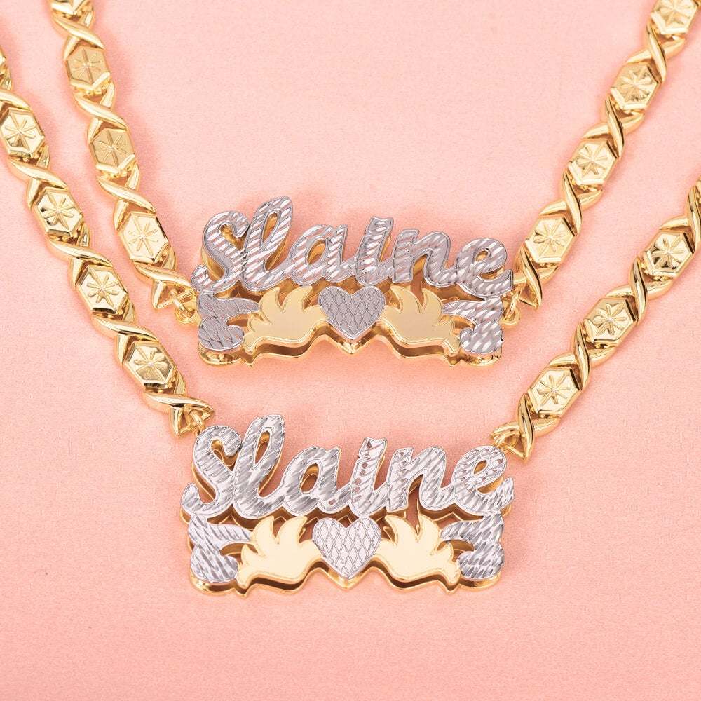 Double Layer Two Tone with Two Birds Gold Plated Personalized Custom XOXO Chain Name Necklace and Bracelet Set-silviax