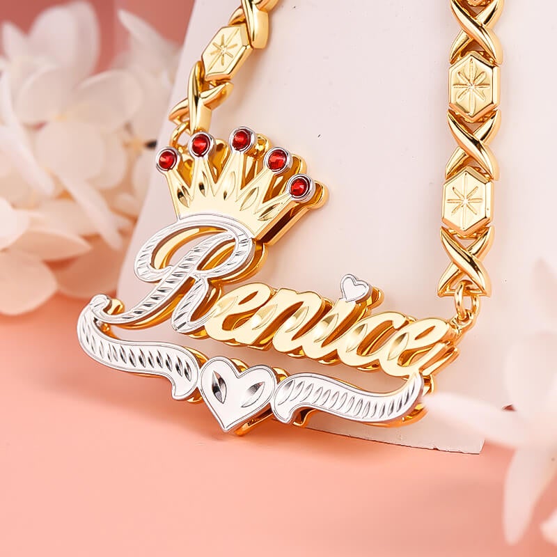 Double Layer Two Tone Ruby Crown Heart with XOXO Chain Personalized Custom Gold Plated Name Necklace-silviax