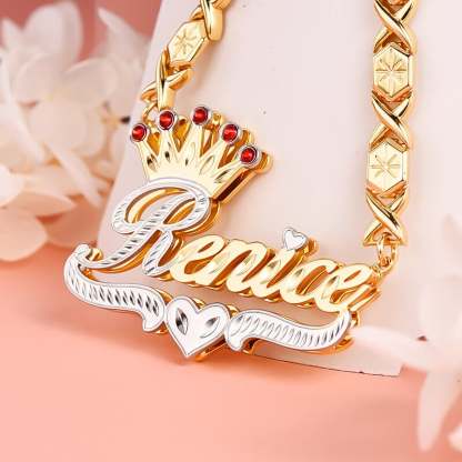 Double Layer Two Tone Ruby Crown Heart with XOXO Chain Personalized Custom Gold Plated Name Necklace-silviax