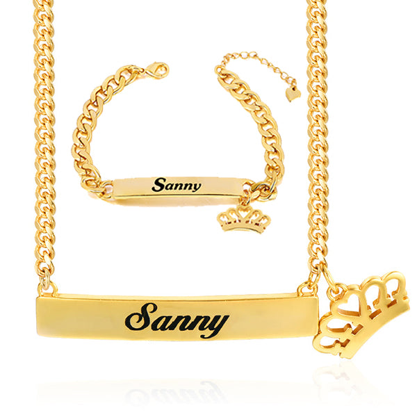 Gold Plated Personalized Custom Engraved Bar Nameplate with Crown Pendant Necklace and Bracelet Set-silviax