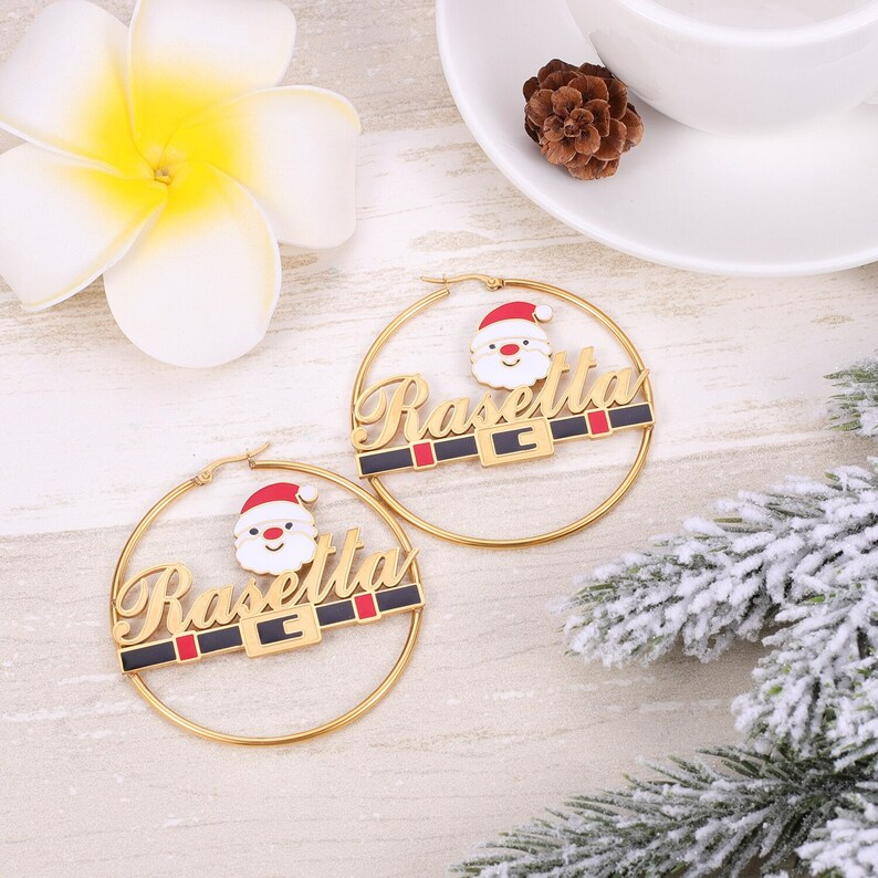 Cartoon Christmas Father Santa Nameplate Hoop Earrings Gold Plated Name Earrings -silviax