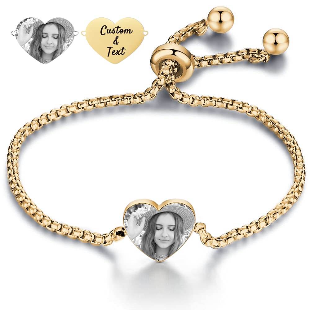 Heart Adjustable Engraved Personalized Custom Gold Plated Photo Bracelet-silviax