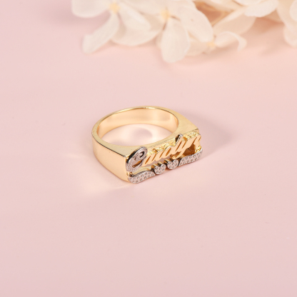 Gold Plated Personalized First Letter and Double Heart Engraving Name Ring-silviax