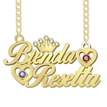 Couples Name With Crown Heart And Birthstone Personalized Custom Gold Plate Name Necklace-silviax
