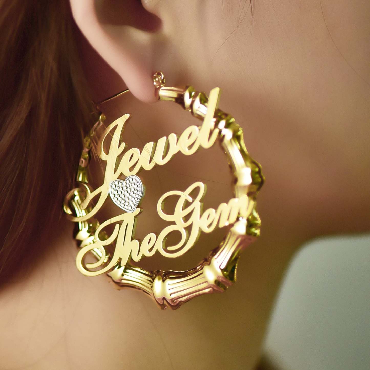Heart Two Tone Two Names Bamboo Gold Plated Earrings-silviax