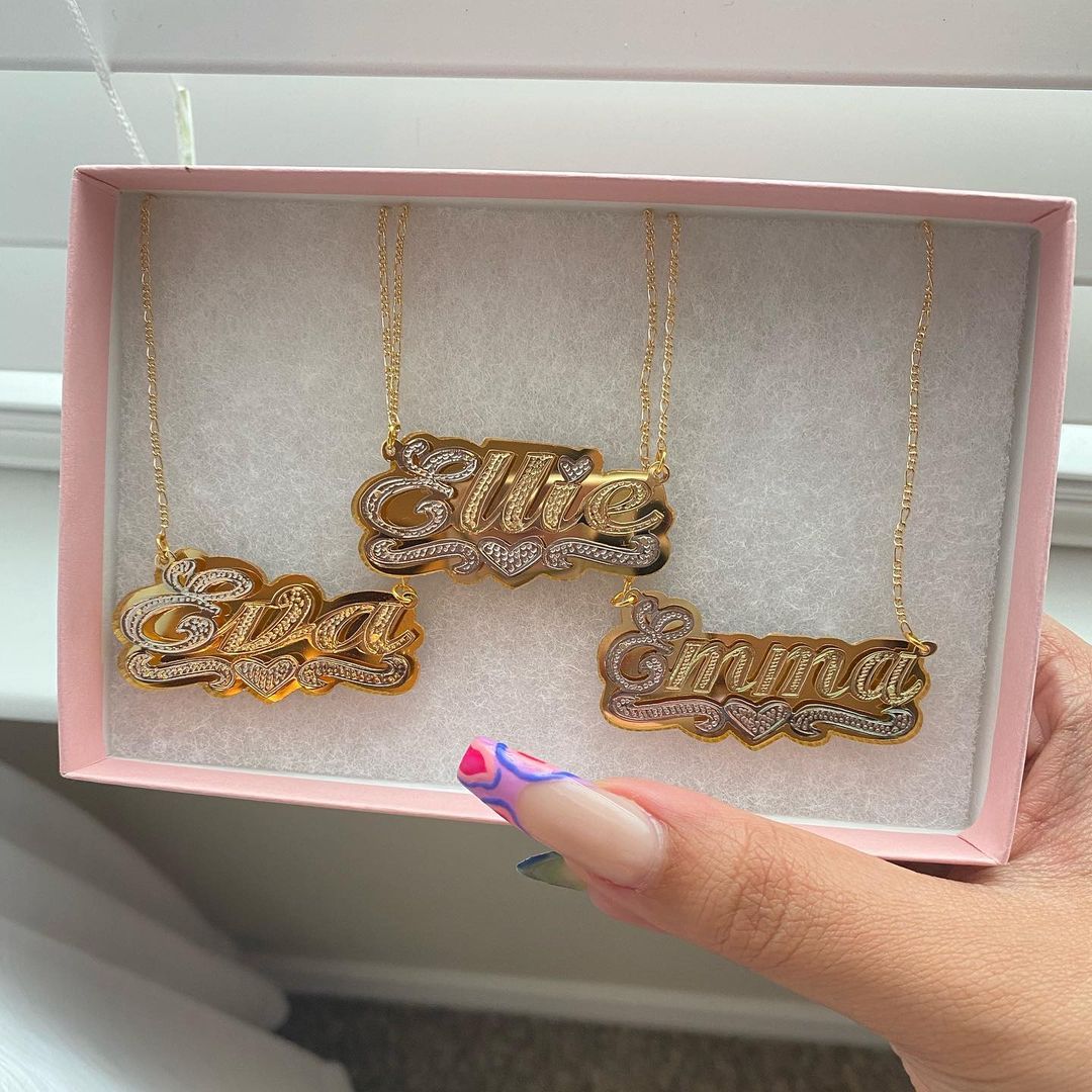Two Tone Double Layer Gold Plated Personalized Custom Heart Nameplate Necklace-silviax
