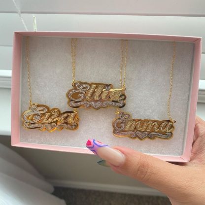 Two Tone Double Layer Gold Plated Personalized Custom Heart Nameplate Necklace-silviax