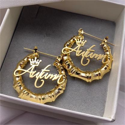 Princess Crown Nameplate Personalized Custom Gold Plated Bamboo Name Earrings Kids Gift-silviax