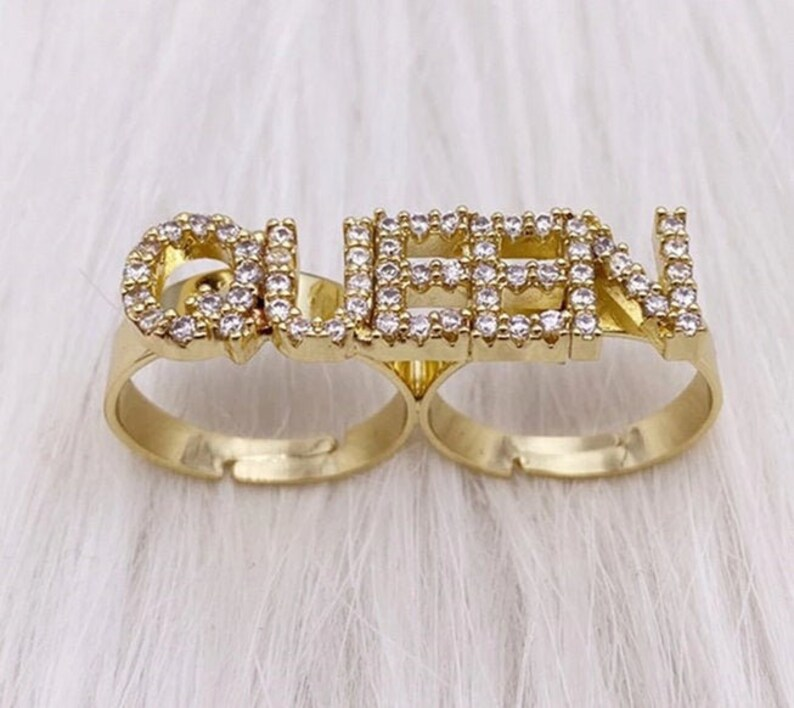Personalized Custom Zircon Two Finger Gold Plated Capital Letter Name Ring-silviax