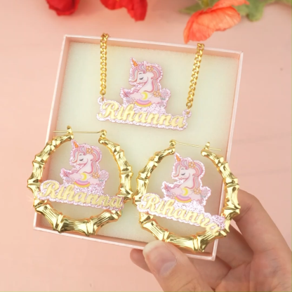 Pink Acrylic Unicorn Nameplate Jewelry Set Personalized Name Necklace and Bamboo Earrings