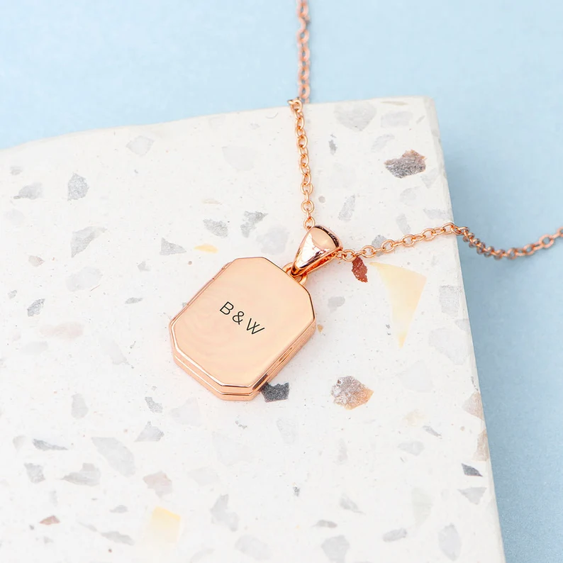 Personalized Gold Plated Rectangular Photo Locket Custom Photo Name & Date Necklace Anniversary Gift-silviax
