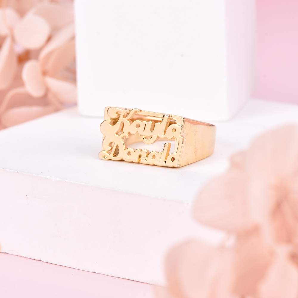 Two Name Personalized Custom Gold Plated Nameplate Couple Ring Gifts For Her-silviax