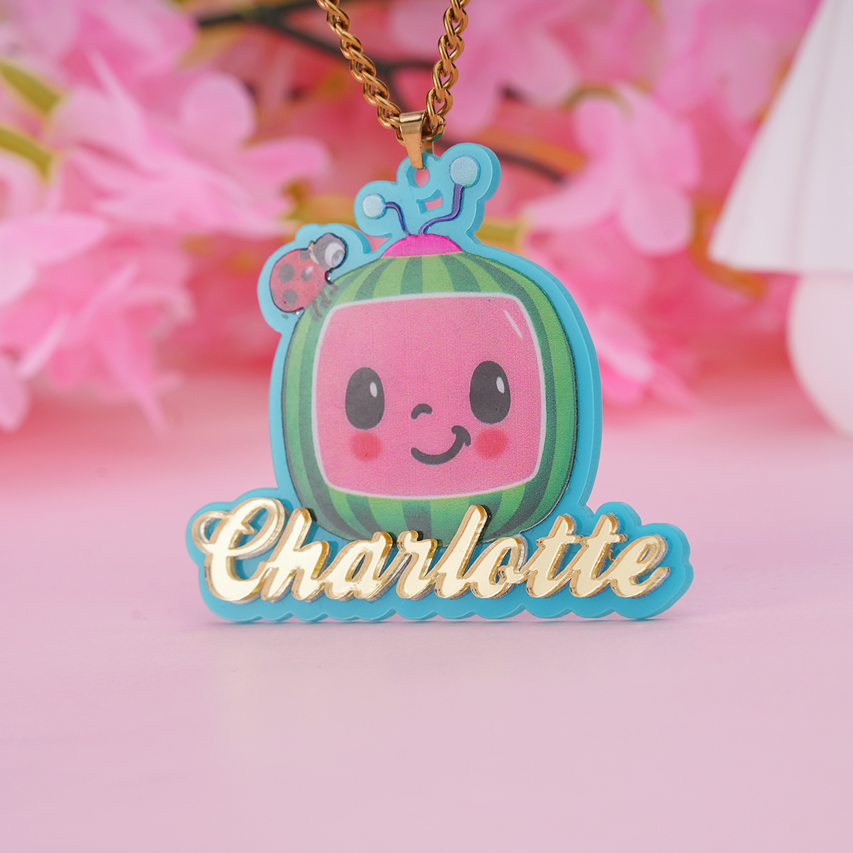 Acrylic Cute Watermelon Nameplate Personalized Jewelry Set 3pcs Buddha Necklace Name Necklace And Bambom Earring