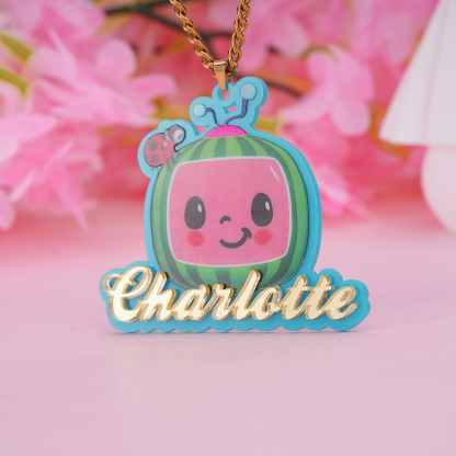 Acrylic Cute Watermelon Nameplate Personalized Jewelry Set 3pcs Buddha Necklace Name Necklace And Bambom Earring