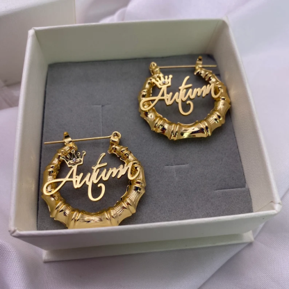 Princess Crown Nameplate Personalized Custom Gold Plated Bamboo Name Earrings Kids Gift-silviax