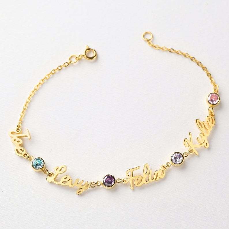 2 To 4 Names with Birthstone Personalized Custom Gold Plated Name Bracelet-silviax