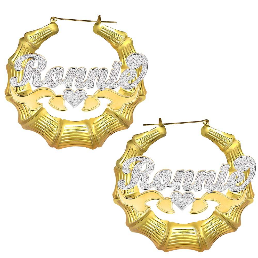 Two Tone Heart Gold Plated Bamboo Name Custom Earrings-silviax